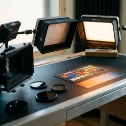 Dos luces LED de vídeo profesionales en una mesa de estudio que iluminan una carta de calibración de color, con filtros de densidad neutra y una cámara de cine cerca.