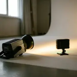 Premium LED cinema light casting warm golden beam on white studio surface beside a dim, color-shifted budget plastic light, highlighting quality contrast.